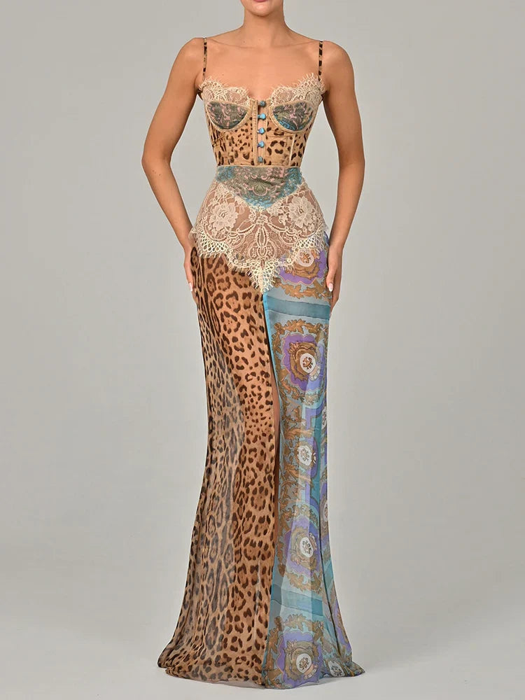 Faye Holler Lace Corset Leopard Print Dress