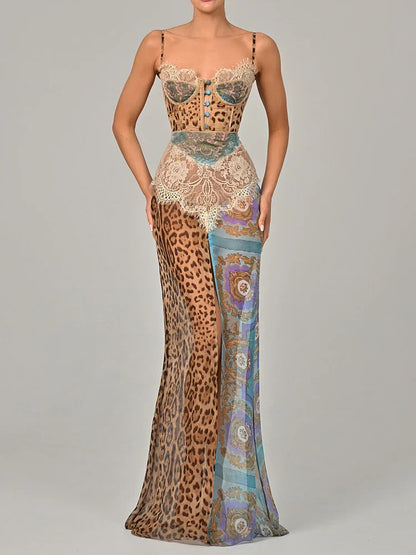 Faye Holler Lace Corset Leopard Print Dress