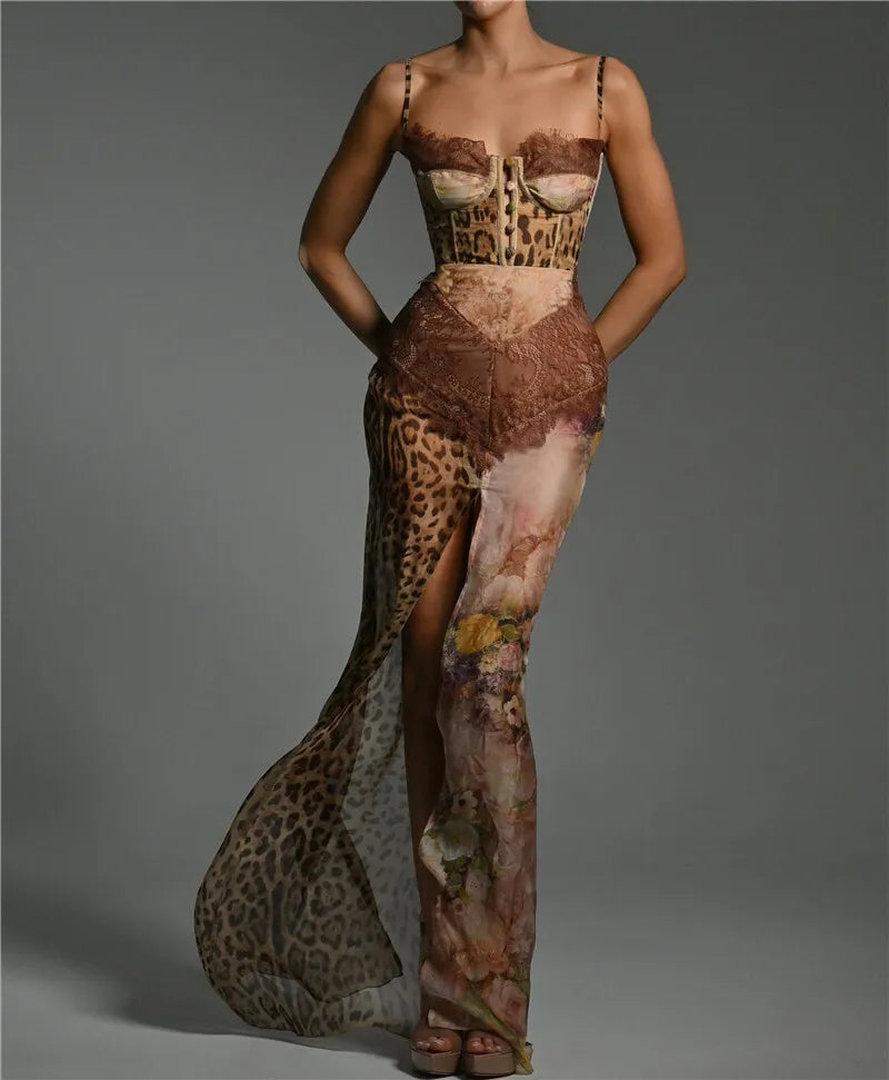 Faye Holler Lace Corset Leopard Print Dress