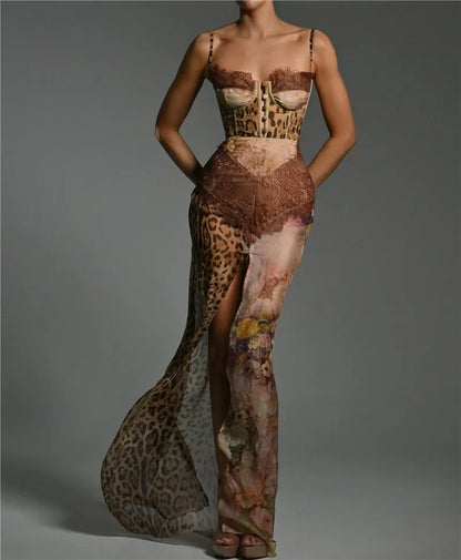 Faye Holler Lace Corset Leopard Print Dress